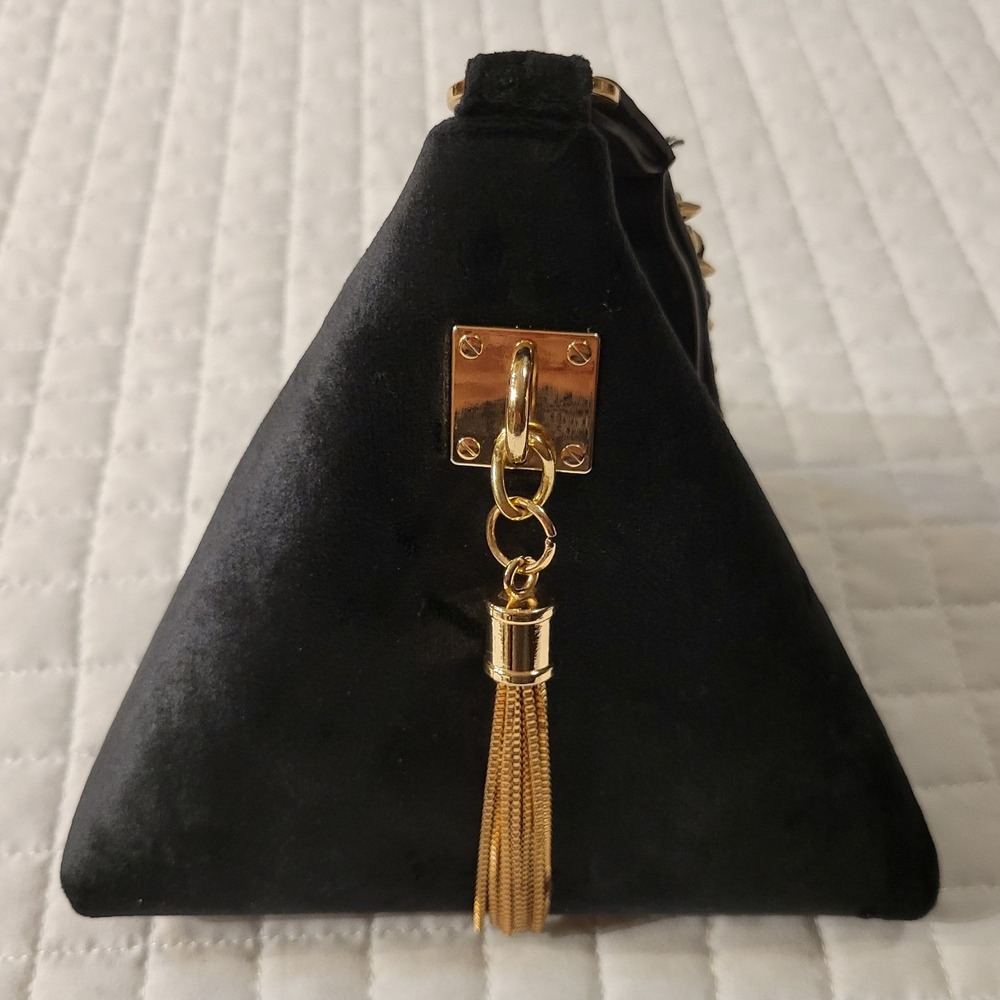 Triangular Pyramid Coin Purse Bag Black Velvet Gold Accent Tassel Chain Art Deco